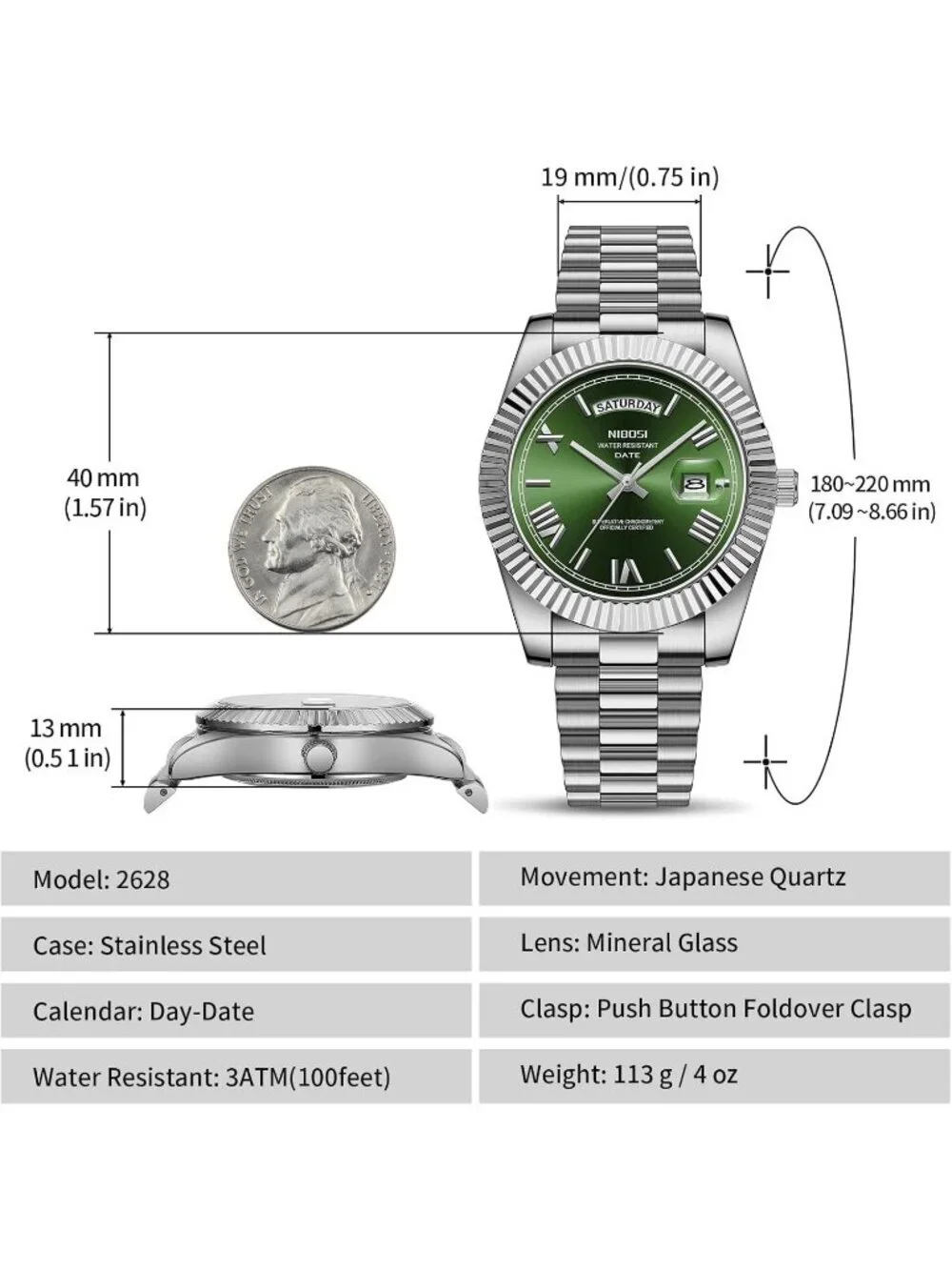 Nibosi Men's Silver Green Analog Quartz Stainless Waterproof Desiger Wrist Watch